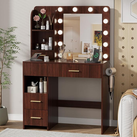 Otterease Vanity Desk with LED Lighted Mirror&Power Outlet, 3 Lighting Colors Makeup Vanity with 5 Large Drawers and 3 Storage Shelves, White Vanity with Storage Stool for Bedroom (Walnut(no Stool))