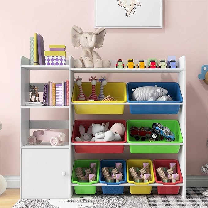 Xilingol Kids Toy Storage Organizer, 4-Tier Toy Organizers W/8 Removable Storage Bins, Kid Bookshelf and Toy Storage for Study Room, Bedroom, Kids Room, Classroom, Nursery