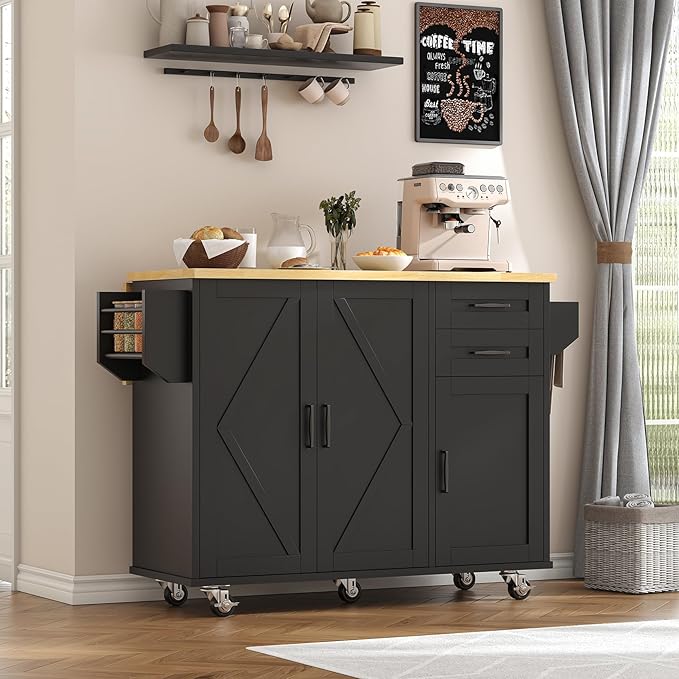 VVFLU Rolling Kitchen Island On Wheels, Kitchen Island Cart with Drop Leaf Countertop, Barn Door Kitchen Island Table with Storage Cabinet and 2 Drawer, 5 Wheels, Towel Rack and Spice Rack, Black