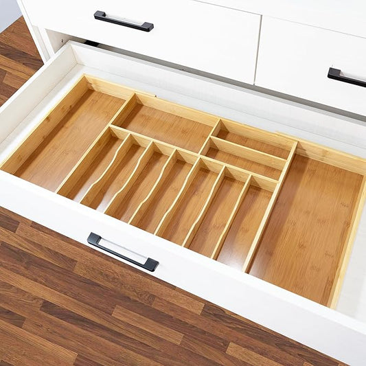 VaeFae Extra Large Kitchen Utensil Holder, Bamboo Silverware Drawer Organizer, Expandable Cutlery Organizer with Knife Block, Multifunctional Drawer Divider (10-12 compartments)