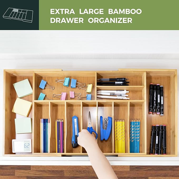 VaeFae Extra Large Kitchen Utensil Holder, Bamboo Silverware Drawer Organizer, Expandable Cutlery Organizer with Knife Block, Multifunctional Drawer Divider (10-12 compartments)