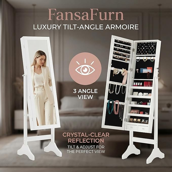 FansaFurn Elegant White 47.3" Jewelry Armoire with Full-Length Mirror-Lockable Velvet-Lined Storage, 3-Angle Adjustable Mirror, 5 Shelves, 2 Locks & Bonus Pouch