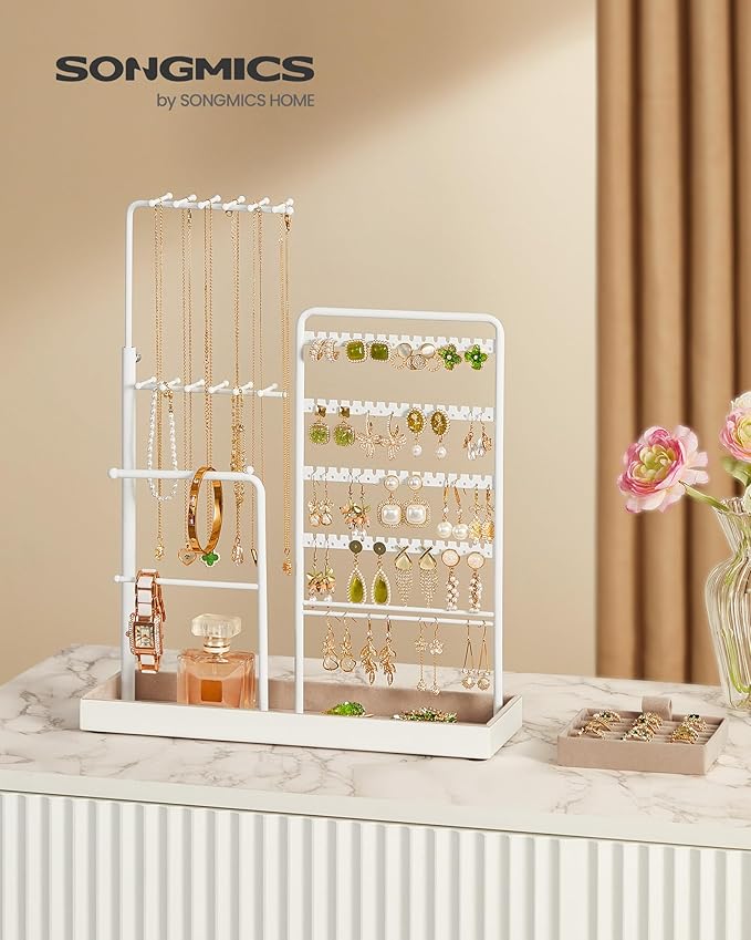 SONGMICS Jewelry Holder, Jewelry Storage Organizer Stand with Metal Frame, Velvet Tray, 12.1 to 18.7 Inches Tall Height Adjustable Necklace Holder, for Rings, Earrings, Matte White UJJS026W01