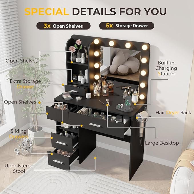 Otterease Vanity Desk with LED Lighted Mirror&Power Outlet, 3 Lighting Colors Makeup Vanity with 5 Large Drawers and 3 Storage Shelves, Vanity with Storage Stool for Bedroom, Black