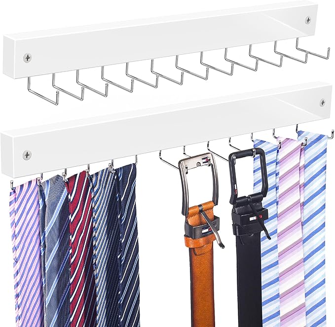 【2 in 1】 2 Pack Tie Organizer Belt Organizer Wall Mounted, Space Saving Tie Rack Belt Hanger for Closet with 24 Storage Hooks, Belt Tie Holder for Closet Organizer Storage White