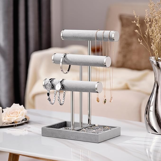 bussdis 3 Tier Bracelet Holder Display - Detachable T Bar Grey Velvet Bracelet Holder, Jewelry Holder Organizer for Bracelet, Necklace, Earrings, Rings