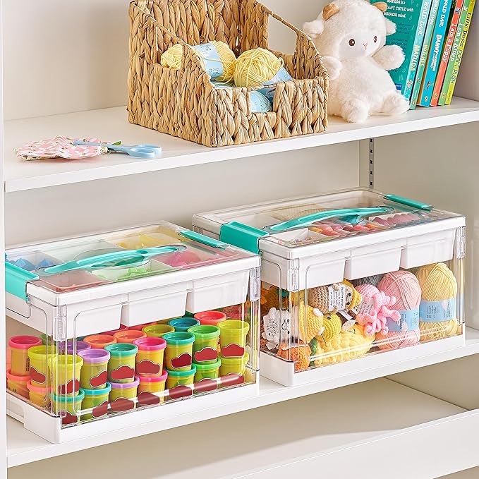 24 QT Clear Plastic Craft Organizer with Removable Trays and Dividers, Storage Box for Coloring Books, Modeling Clay, Molds and Art Supplies, 1 Pack