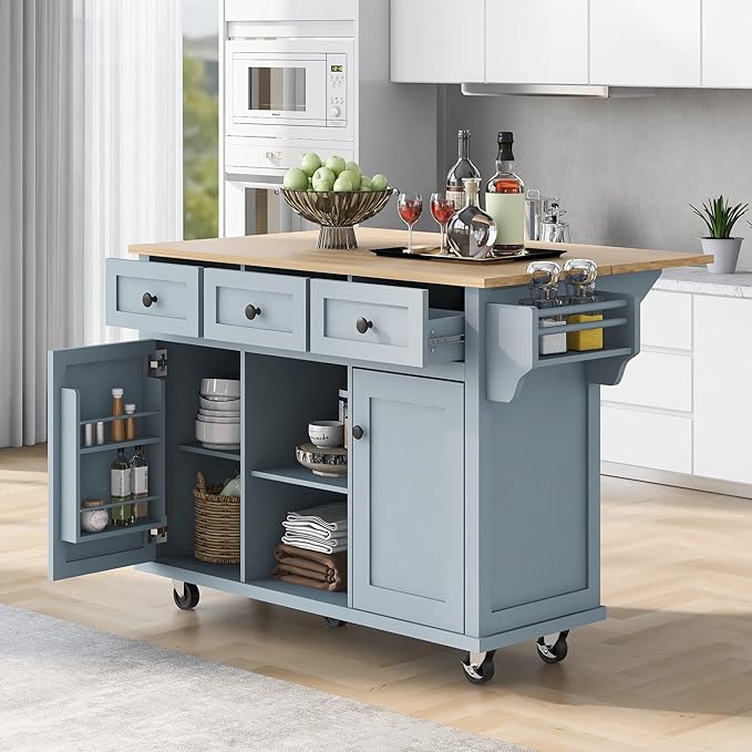 Yayzy Rolling Kitchen Island with Drop Leaf, Cabinet Door Storage Racks & 3 Drawers, Mobile Kitchen Cart with Rubberwood Top & Locking Wheels for Dining Room & Kitchen, 53-Inch, Grey Blue