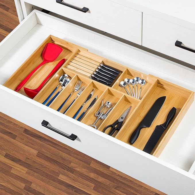 VaeFae Extra Large Kitchen Utensil Holder, Bamboo Silverware Drawer Organizer, Expandable Cutlery Organizer with Knife Block, Multifunctional Drawer Divider