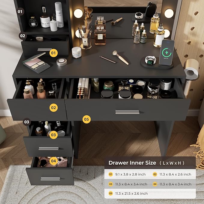 Otterease Vanity Desk with LED Lighted Mirror&Power Outlet, 3 Lighting Colors Makeup Vanity with 5 Large Drawers and 3 Storage Shelves, Vanity with Storage Stool for Bedroom, Black