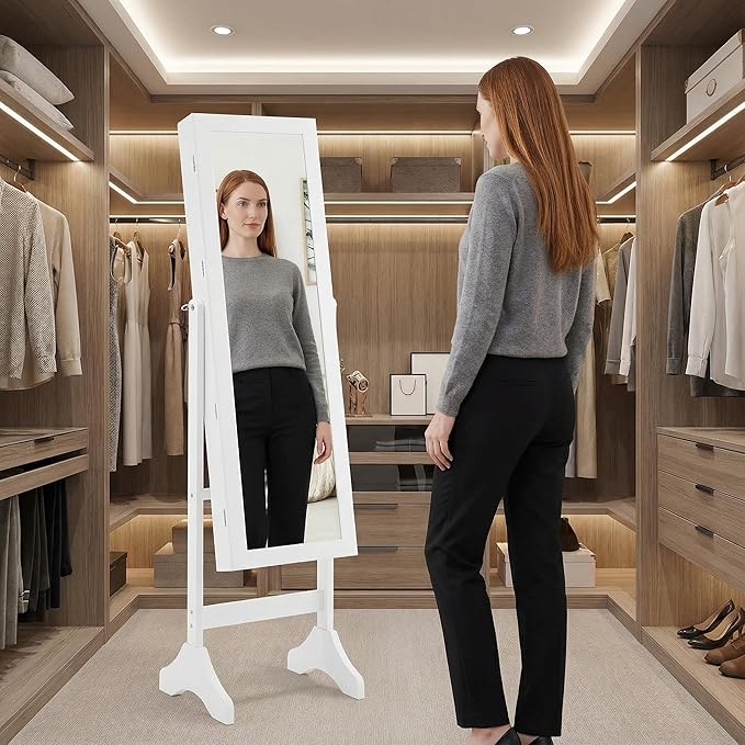 FansaFurn Elegant White 47.3" Jewelry Armoire with Full-Length Mirror-Lockable Velvet-Lined Storage, 3-Angle Adjustable Mirror, 5 Shelves, 2 Locks & Bonus Pouch