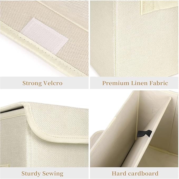 Bagnizer Large 22 Quart [4-Pack] Linen Fabric Foldable Storage Bin Cube Organizer Basket with Flip-Top Lid & Handles, Clothes Blanket Box for Home, Office, Closet (14.6 x 9.5 x 9.5, Beige)