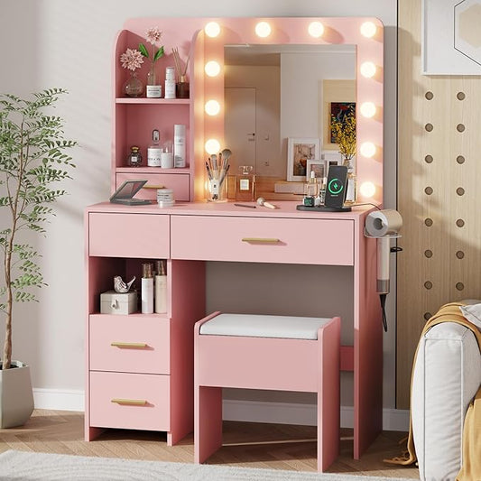 Otterease Vanity Desk with LED Lighted Mirror&Power Outlet, 3 Lighting Colors Makeup Vanity Desk with 5 Large Drawers and 3 Storage Shelves, Pink Vanity with Storage Stool for Bedroom