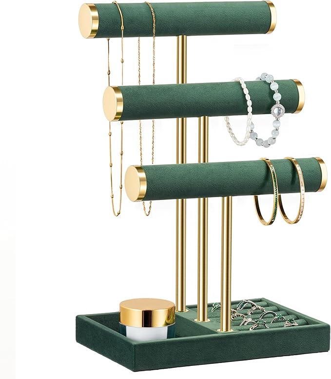 bussdis 3 Tier Bracelet Holder Display - Detachable T Bar Dark Green Velvet Bracelet Holder, Jewelry Holder Organizer for Bracelet, Necklace, Watches, Rings