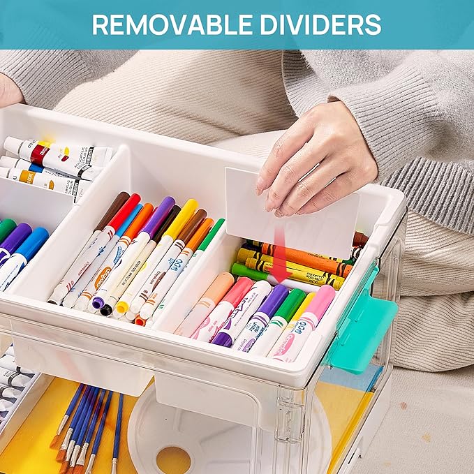 24 QT Clear Plastic Craft Organizer with Removable Trays and Dividers, Storage Box for Coloring Books, Modeling Clay, Molds and Art Supplies, 1 Pack