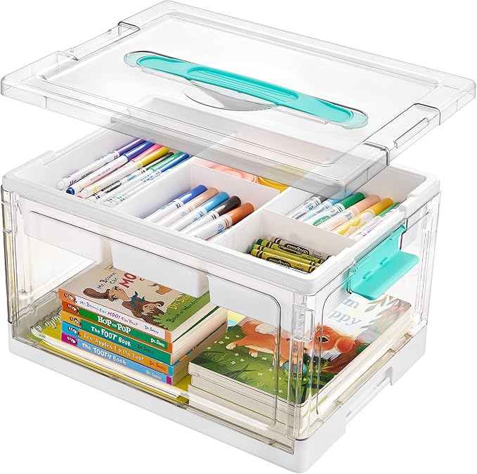 24 QT Clear Plastic Craft Organizer with Removable Trays and Dividers, Storage Box for Coloring Books, Modeling Clay, Molds and Art Supplies, 1 Pack