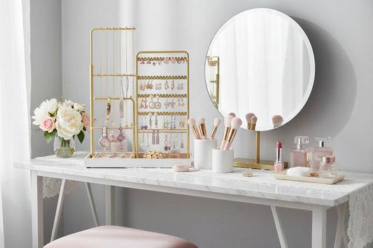 SONGMICS Jewelry Holder, Jewelry Storage Organizer Stand with Metal Frame, Velvet Tray, 12.1 to 18.7 Inches Tall Height Adjustable Necklace Holder, for Rings, Earrings, Pale Gold UJJS026A01