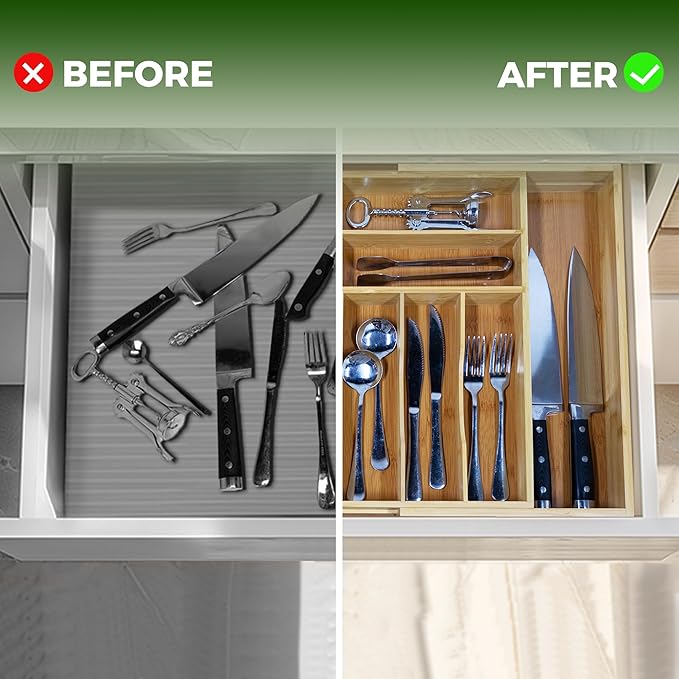 VaeFae Extra Large Kitchen Utensil Holder, Bamboo Silverware Drawer Organizer, Expandable Cutlery Organizer with Knife Block, Multifunctional Drawer Divider (10-12 compartments)