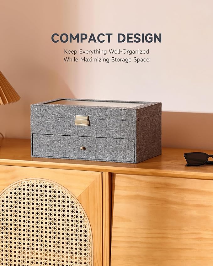 CO-Z Sunglasses Organizer with 12 Slots, Linen Eyeglasses Storage Box for Women Men, 2 Story Lockable Display Case for Multiple Glasses, Sunglasses Jewelry Collection Holder with Drawer, Grey