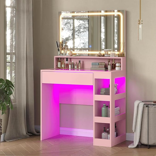 Vanity Desk with Illuminated Mirror & Power Outlet, Bedroom Dresser LED Mirror Stepless Dimmable & 3 Color Modes Adjustable, LED Tempered Glass Top, Large-Capacity Storage Shelving, Pink