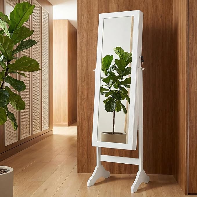 FansaFurn Elegant White 47.3" Jewelry Armoire with Full-Length Mirror-Lockable Velvet-Lined Storage, 3-Angle Adjustable Mirror, 5 Shelves, 2 Locks & Bonus Pouch