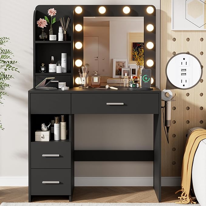 Otterease Vanity Desk with LED Lighted Mirror&Power Outlet, 3 Lighting Colors Makeup Vanity with 5 Large Drawers and 3 Storage Shelves, Vanity with Storage Stool for Bedroom, Black