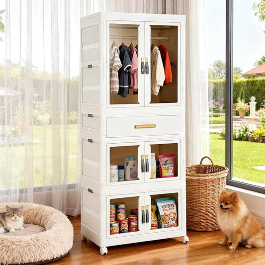 YHB Portable Storage Closet Cabinet, Easy Assembly Wardrobe Organizer with Visualization Doors, Drawers, Hanging Rods, Rolling Wheels for Pet Dog Clothes, Toys, etc for Thanksgiving & Christmas Day