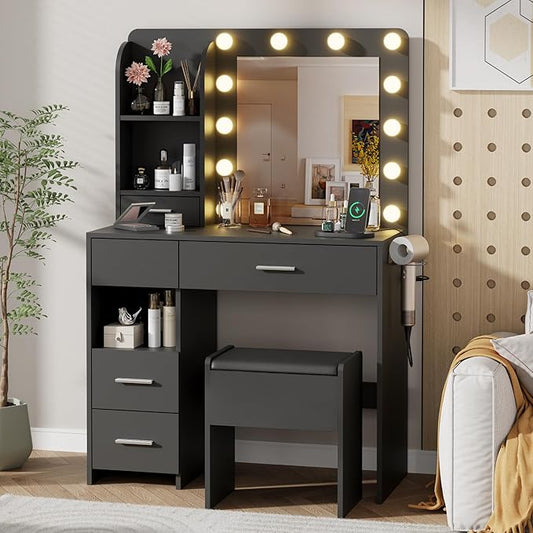 Otterease Vanity Desk with LED Lighted Mirror&Power Outlet, 3 Lighting Colors Makeup Vanity Desk with 5 Large Drawers and 3 Storage Shelves, Black Vanity with Storage Stool for Bedroom