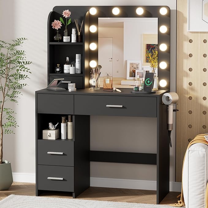 Otterease Vanity Desk with LED Lighted Mirror&Power Outlet, 3 Lighting Colors Makeup Vanity with 5 Large Drawers and 3 Storage Shelves, Vanity with Storage Stool for Bedroom, Black