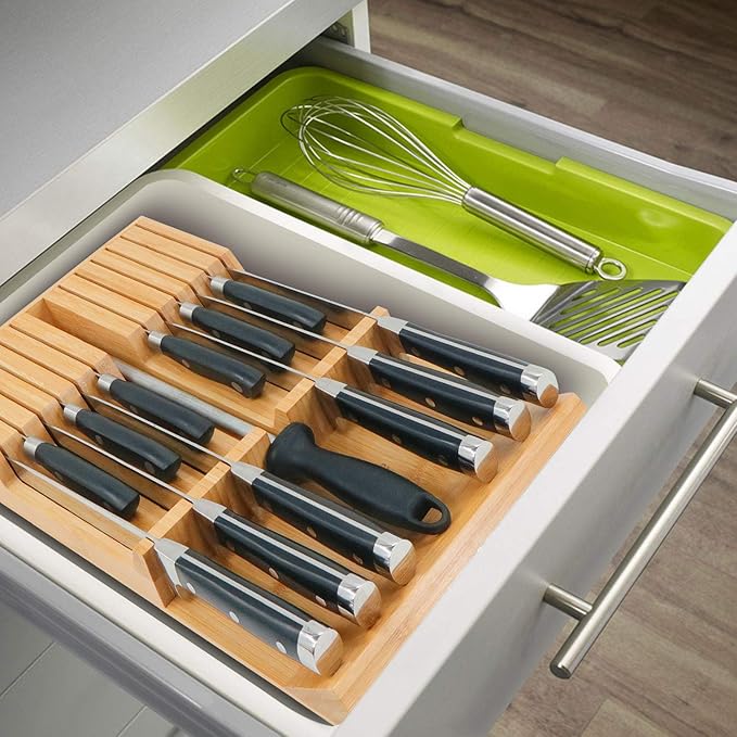 Utoplike in-Drawer Knife Block Bamboo Kitchen Knife Drawer Organizer, Handle Steak Knife Holder Without Knives, Fit for 12 Knives and 1 Sharpening Steel (Knives Not Included)