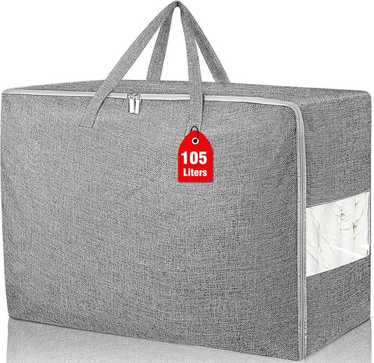 105L Extra Large Storage Bags, Folding Moving Comforter Blanket Storage Bags Closet Organizers and Storage Containers for Clothes with Strong Handles&Zippers Clear Window for Bedding Pillow, Grey