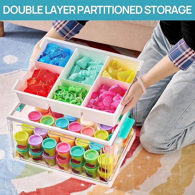 24 QT Clear Plastic Craft Organizer with Removable Trays and Dividers, Storage Box for Coloring Books, Modeling Clay, Molds and Art Supplies, 1 Pack