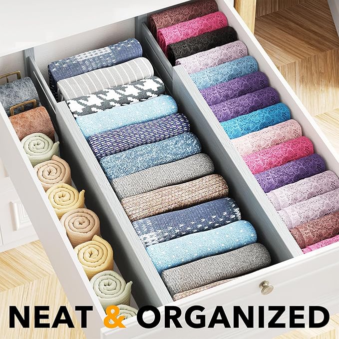 SpaceAid Bamboo 4 Pack Dresser Drawer Dividers, 4.65“ High Adjustable 17“-22” Drawer Organizers, Expandable Organization for Clothing, Clothes, Dressers, Gray