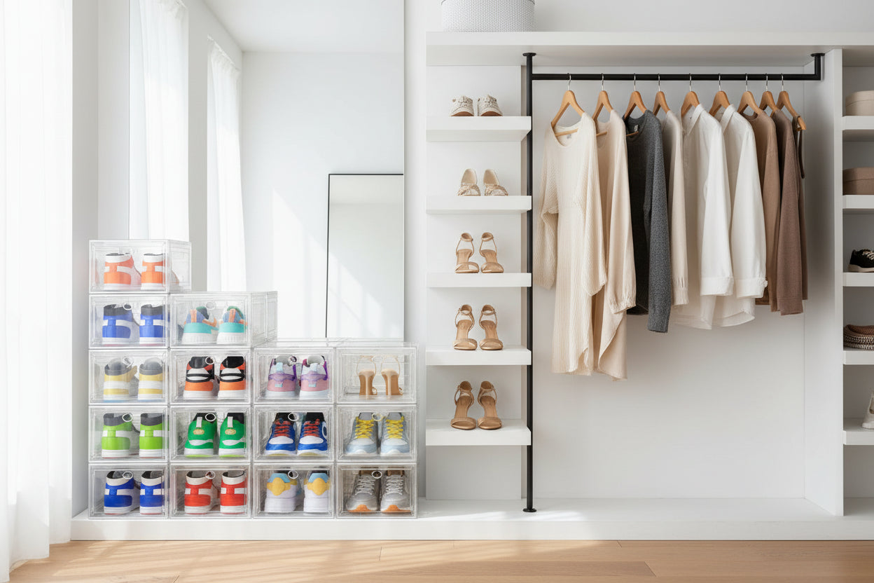 12 Pack Clear Shoe Storage Organizer with Magnetic Door,Stackable Plastic Shoe Boxes for Sneakers,Boots,and Heels,Space-Saving Foldable Shoe Rack for Closet,Durable Shoe Cabinet Organizer,White