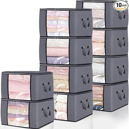 10 Pack Clothes Storage Bags, 90L Large Blanket Storage Bag Comforter Storage Bin with Reinforced Handle and Lid Foldable Closet Organizer and Storage Containers for Bedding Pillows Sheets and Duvet