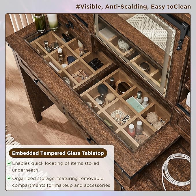 T4TREAM 48'' Farmhouse Makeup Vanity Desk with Sliding HD Mirror and Lights, Big Modern Lighted Vanity Table with 7 Drawers & Shelves, Rustic Large Dressing Table for Bedroom, Reclaimed Barnwood