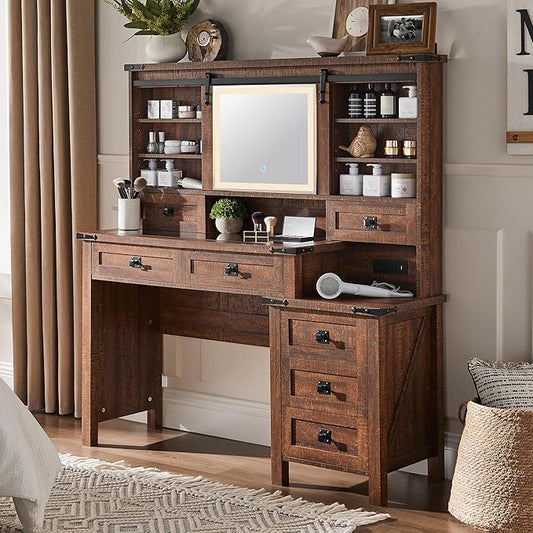T4TREAM 48'' Farmhouse Makeup Vanity Desk with Sliding HD Mirror and Lights, Big Modern Lighted Vanity Table with 7 Drawers & Shelves, Rustic Large Dressing Table for Bedroom, Reclaimed Barnwood
